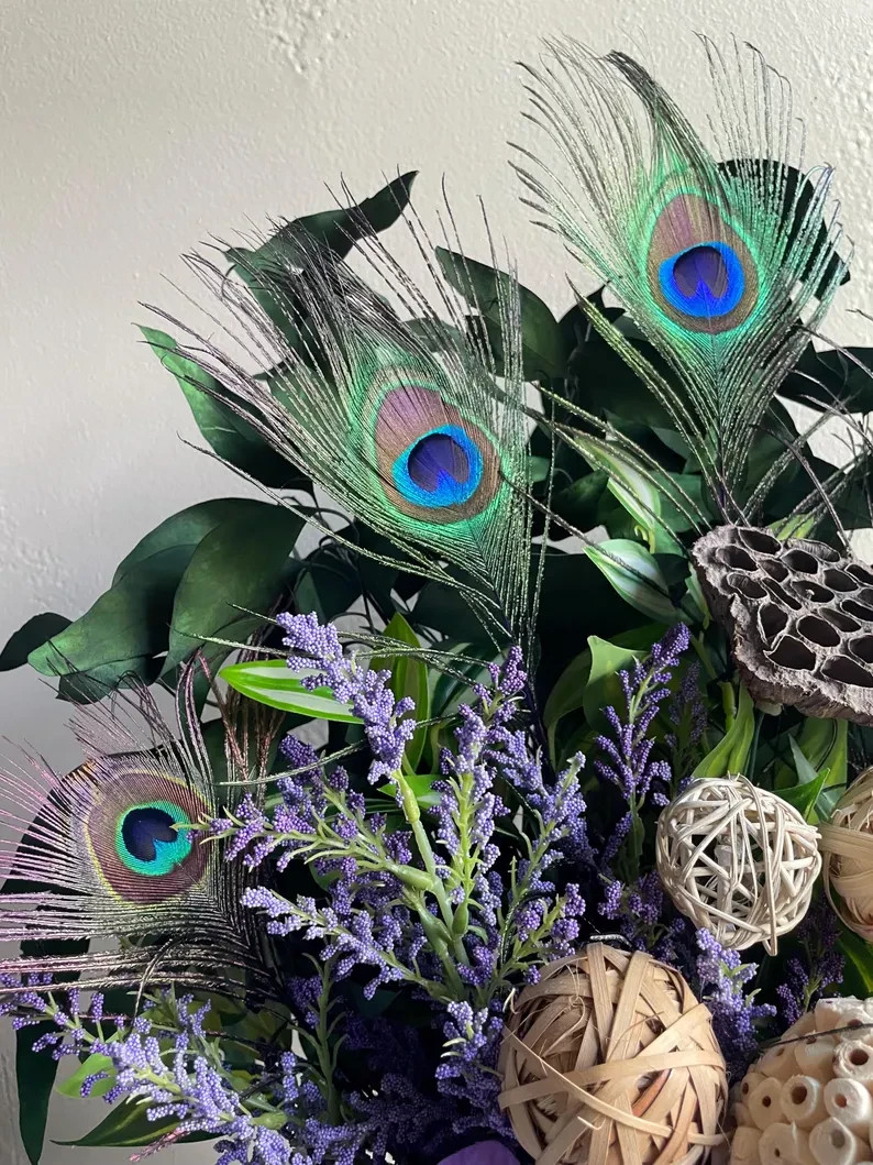Peacock Centerpiece: Purple & Green Floral Arrangement, Cute Earthy Home Decor