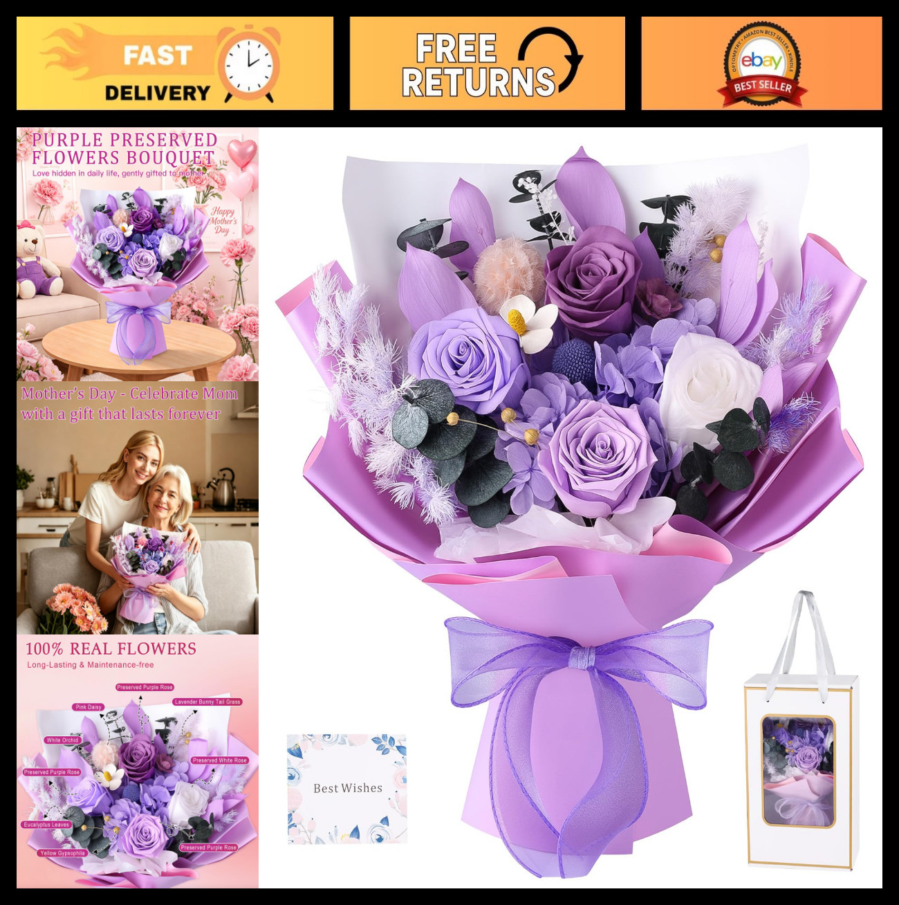 Elegant Preserved Flower Bouquet with Purple Roses – Perfect Gift for Women, Mom