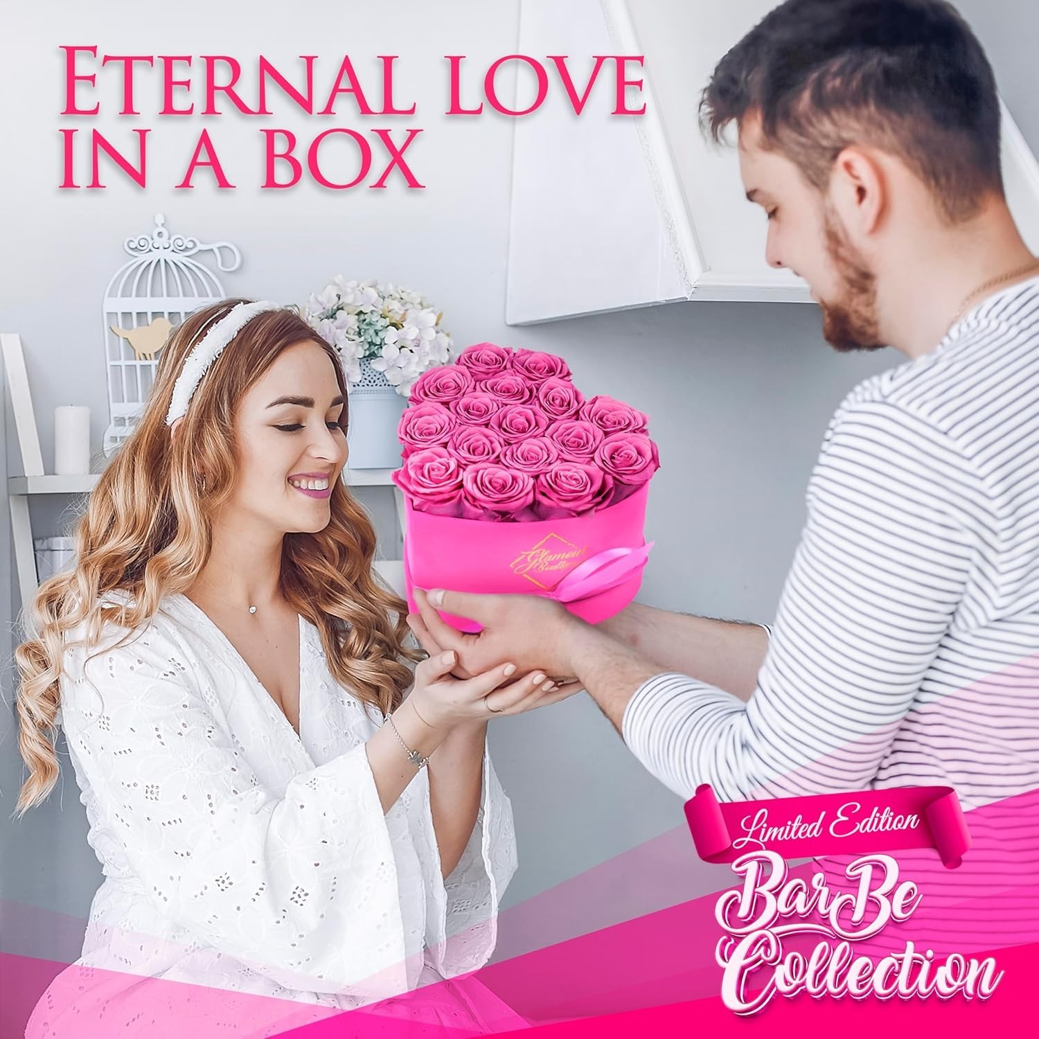 16 Eternal Preserved Roses in Velvet Pink Heart Box – Perfect Mother’s Day Gift