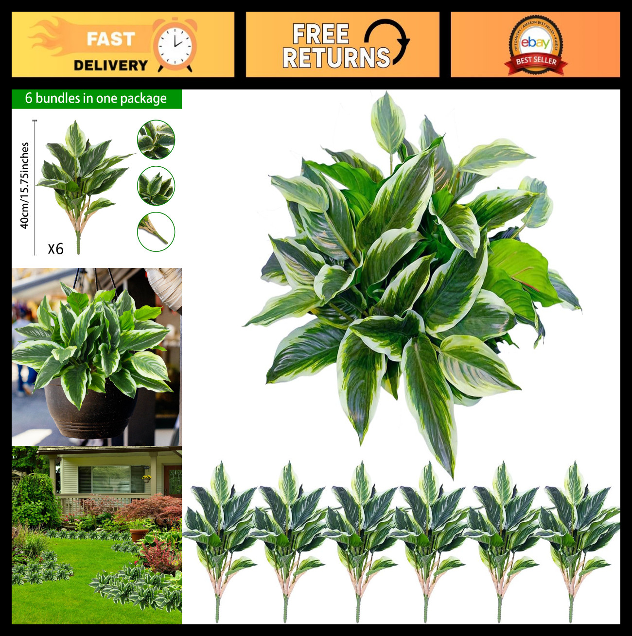 6PCS UV Resistant Artificial Tropical Green Plants – 15.75″ Faux Hostas for Indo
