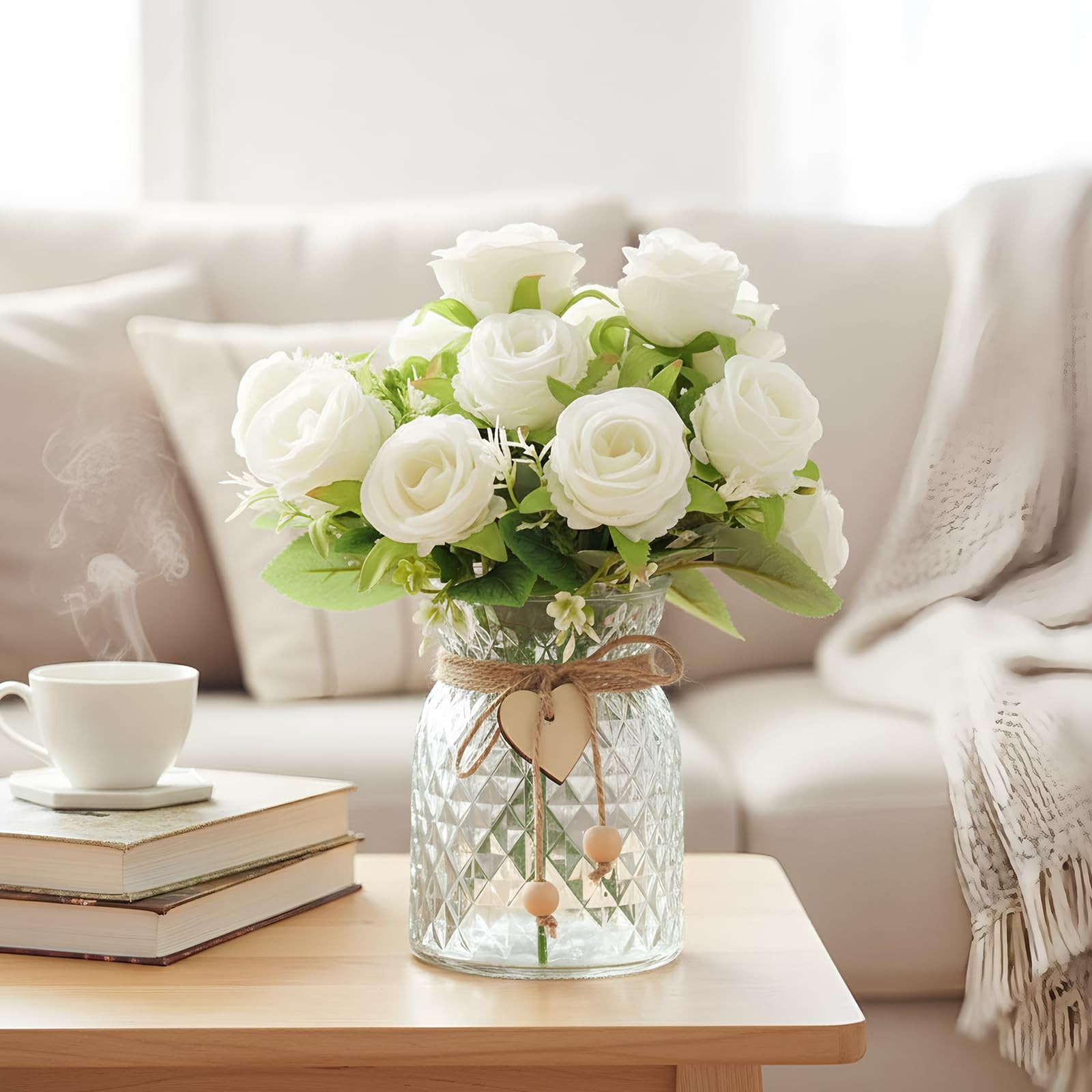 Faux Flowers in Vase, 18 Pcs Fake Rose Flowers, Artificial Flowers for Home D…