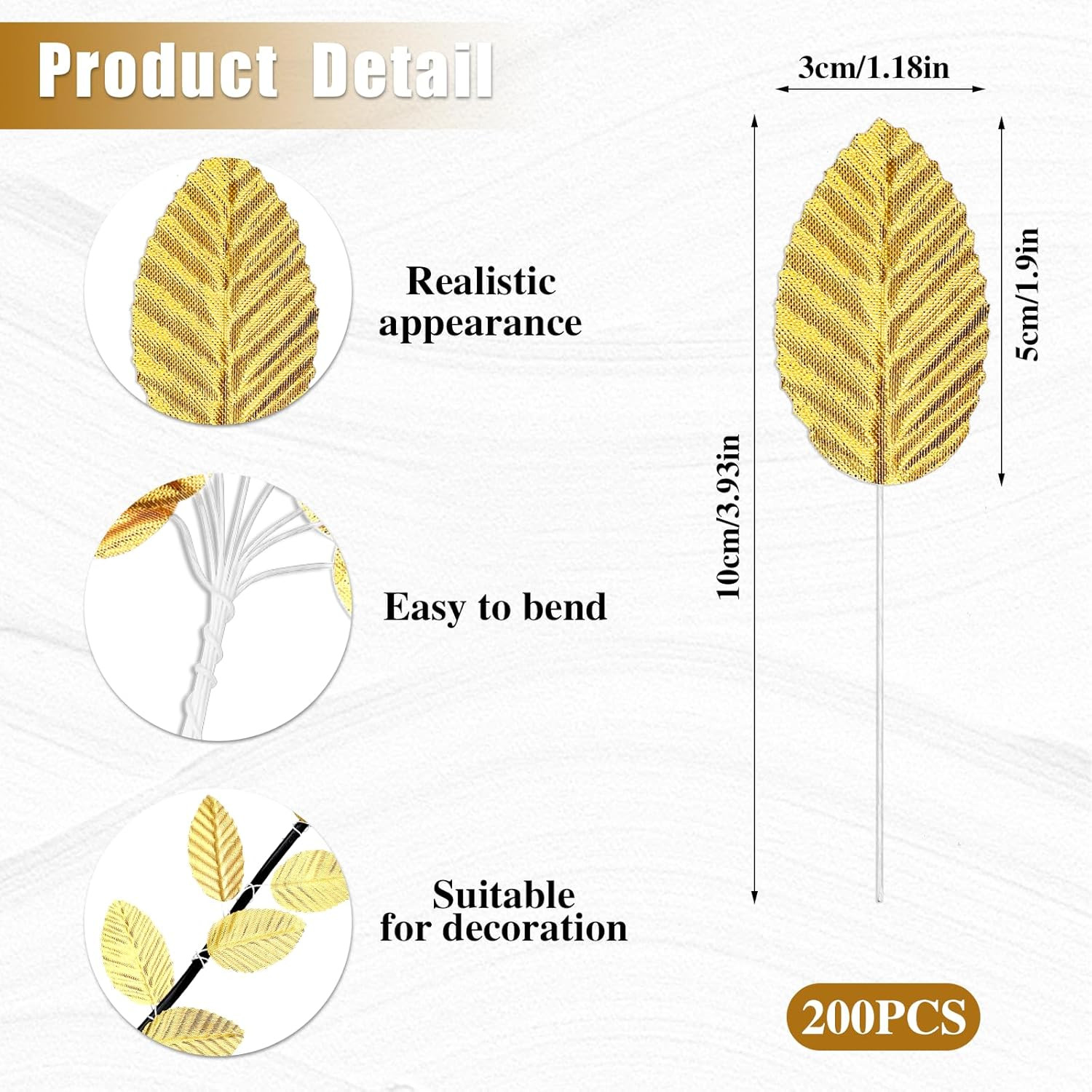 200 Pcs Artificial Leaves with Stems DIY Corsage Single Leaf Crafts Gold Floral