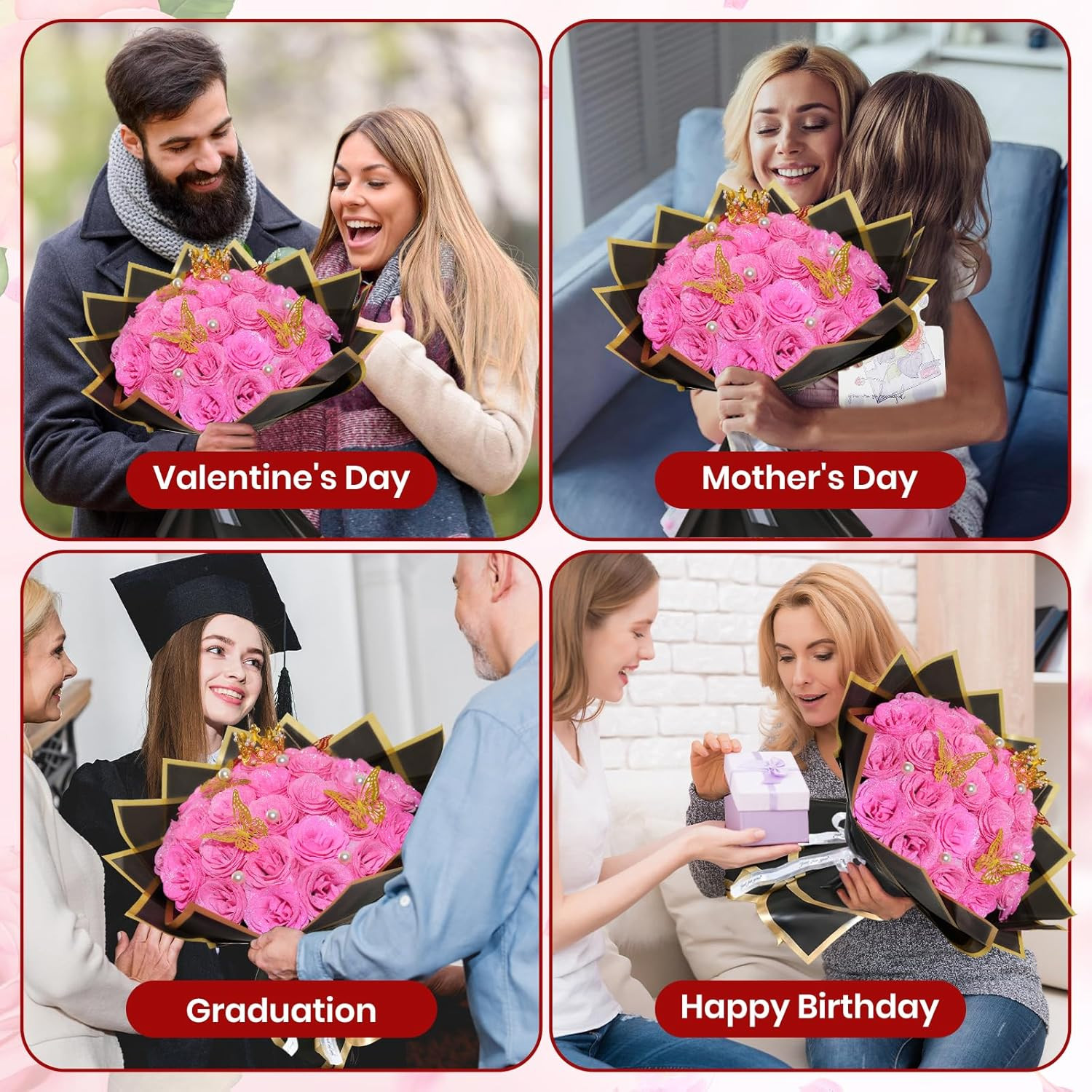 Pink Glitter Roses Bouquet, 24 Pcs Shiny Glitter Flowers Bouquet, Everlasting Ar