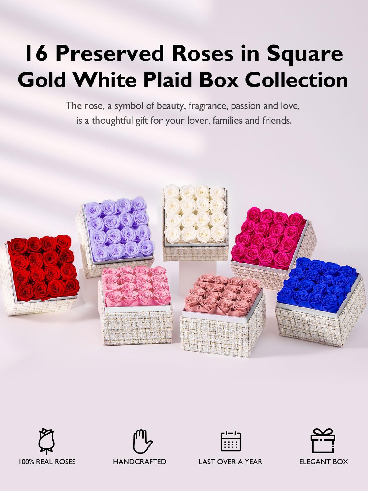 16 PCS Pink Preserved Real Roses Square Gold White Plaid Box Forever Flowers