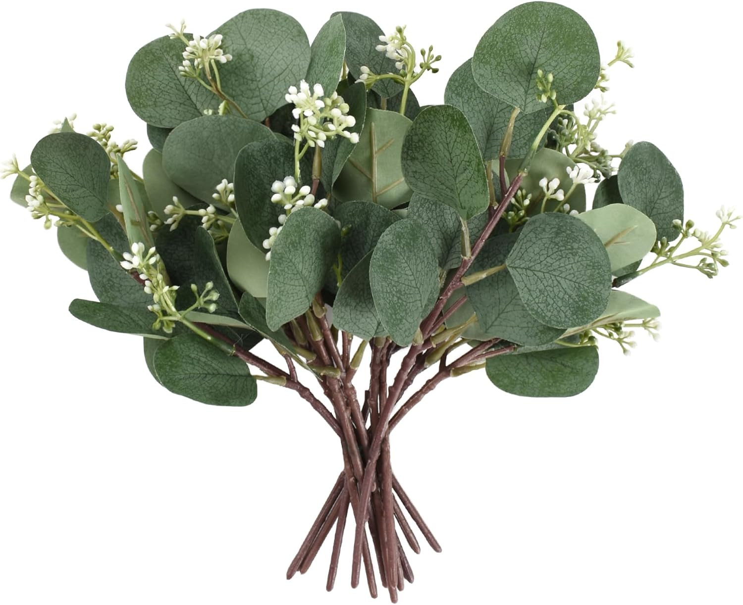12Pcs Mixed Artificial Eucalyptus Leaves Stems with White Seeds, White Flowers,