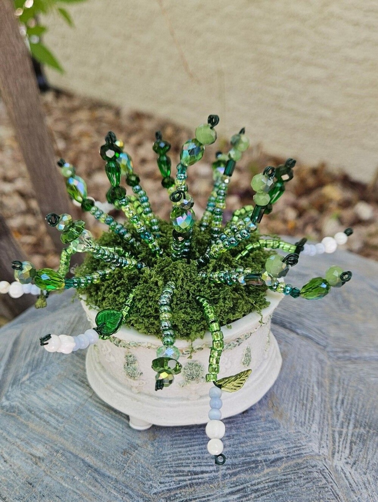 Handcrafted Green Beaded Succulent in White Decorative Pot