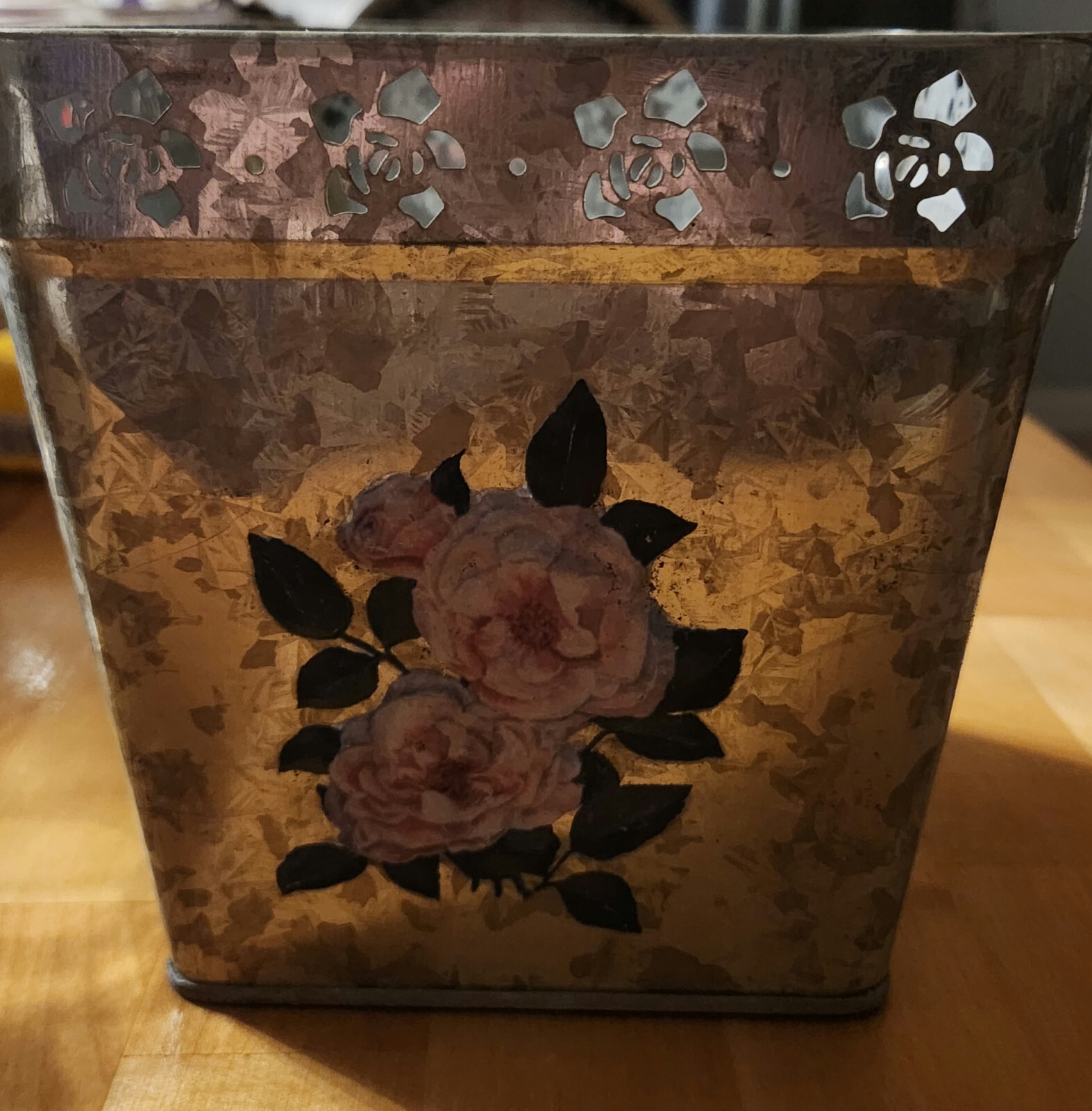 Square Galvanized Pail with Embossed and Diecut Roses Planter Vase