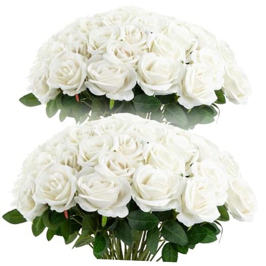 pcs Roses Artificial Flower in Bulk, Realistic Velvet Silk Faux Roses 72 White