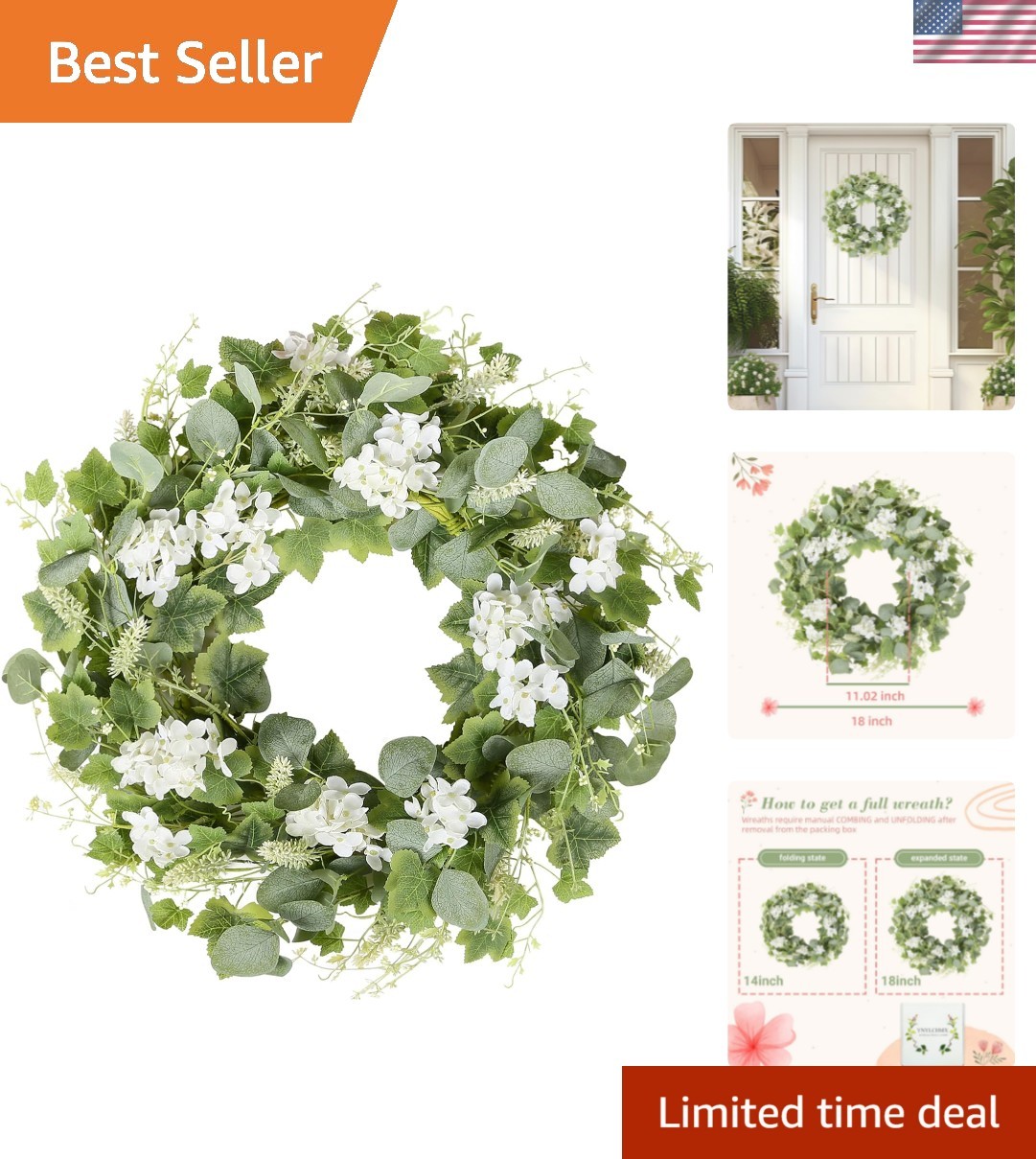 18-Inch Artificial Spring Summer Wreath with Eucalyptus and White Flowers