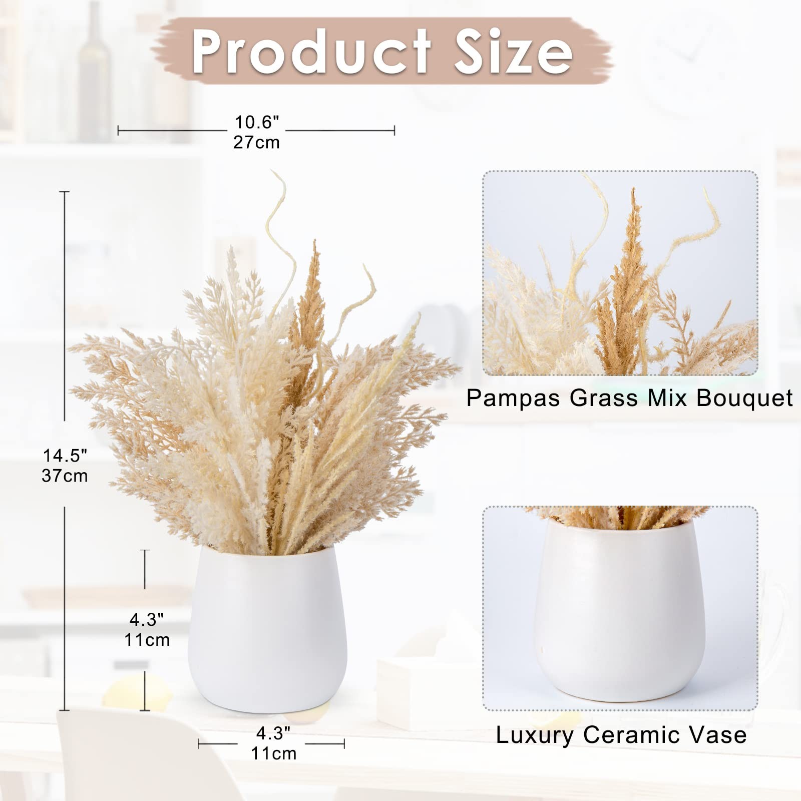 Faux Pampas Grass with Vase, Artificial Pampas Grass Flowers Bouquet Plant Fl…