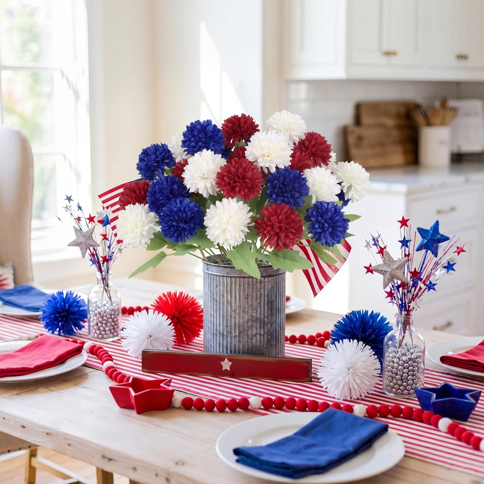 4 of July Decor Faux Chrysanthemums Artificial Flowers 27Heads Fake Silk Mums…