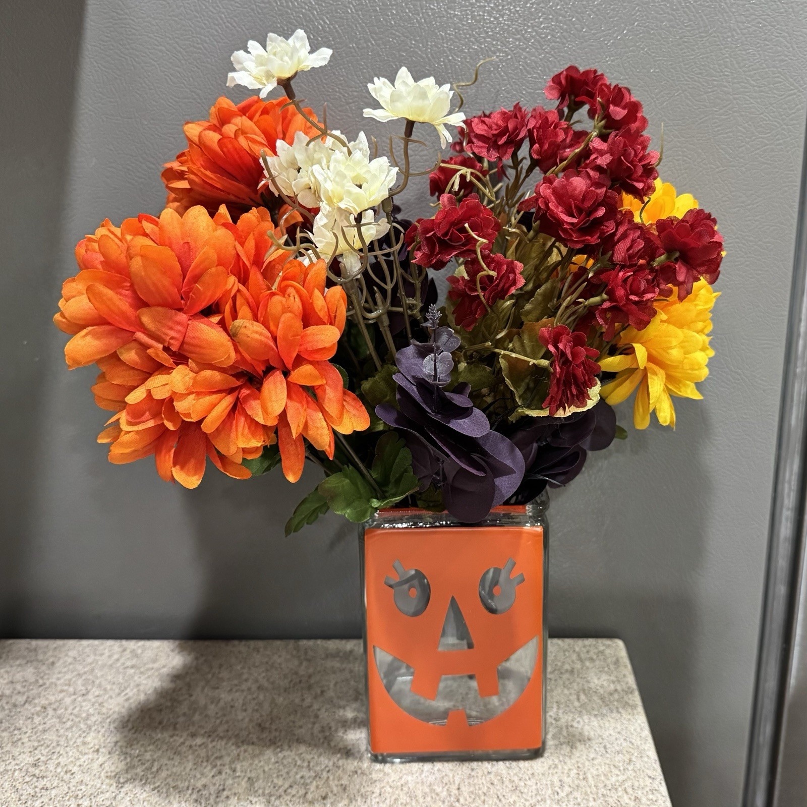 Fall Halloween 15” Display Decor Glass 6” Square Pumpkin Vase Faux Flowers EUC