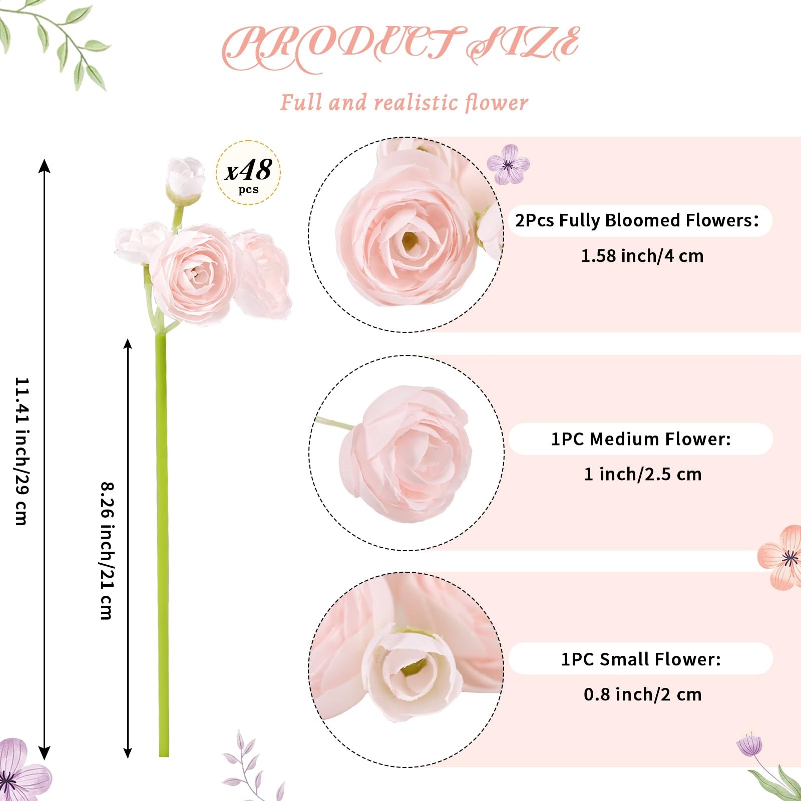 48 PCS Shabby Blush Faux Silk Mini Ranunculus Artificial Wedding Flower Bulk