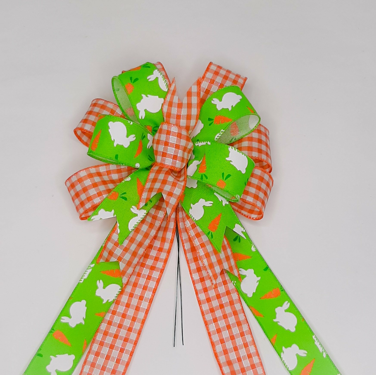 Easter Bow, Spring Bow, Green Linen with White Bunny, Orange Check Print