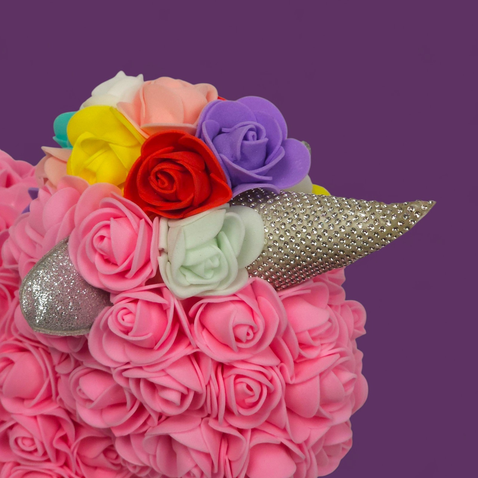 Rose Unicorn Gift – Pink Foam Flowers, Rainbow Mane, “Just For You” Box Damaged