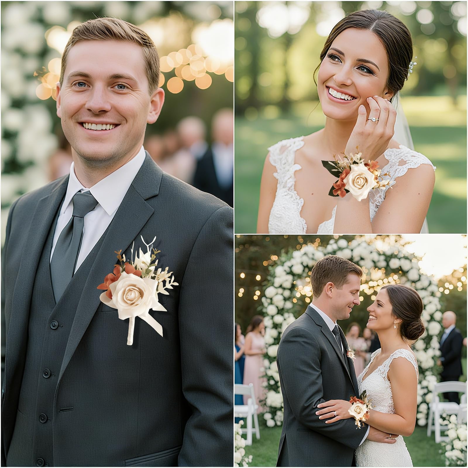Champagne Corsage and Boutonniere Set, 2pcs Boutonniere and Wrist