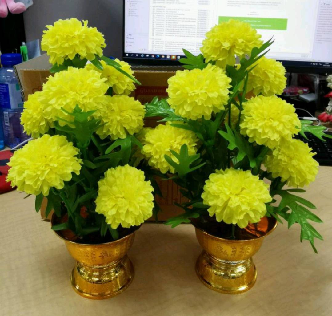 Pair Marigolds Flower Artifical Arrangement Gold Tray Decor Home Yellow Floral