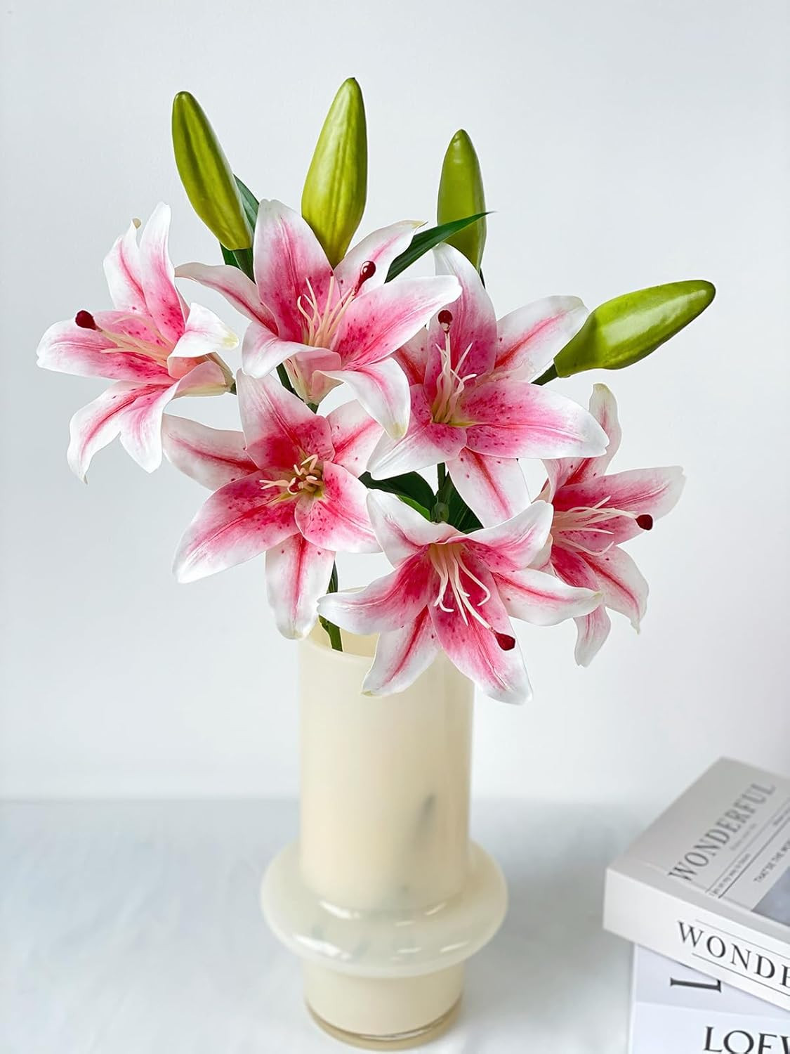 2 Pcs Pink Stargazer Lily Artificial Flowers for Decoration, 28 Inch Long Stems