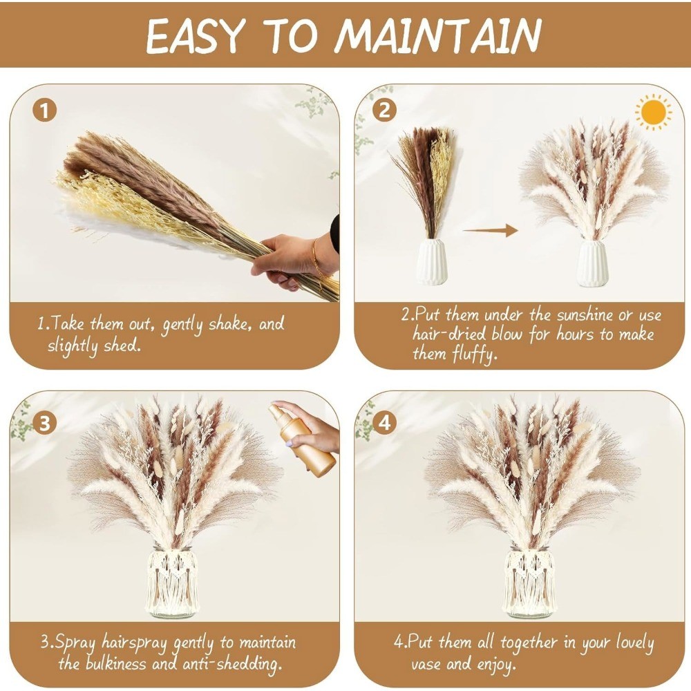 73PCS Natural Dried Pampas Grass Reed Flowers Bouquet 17″ Home Wedding Decor