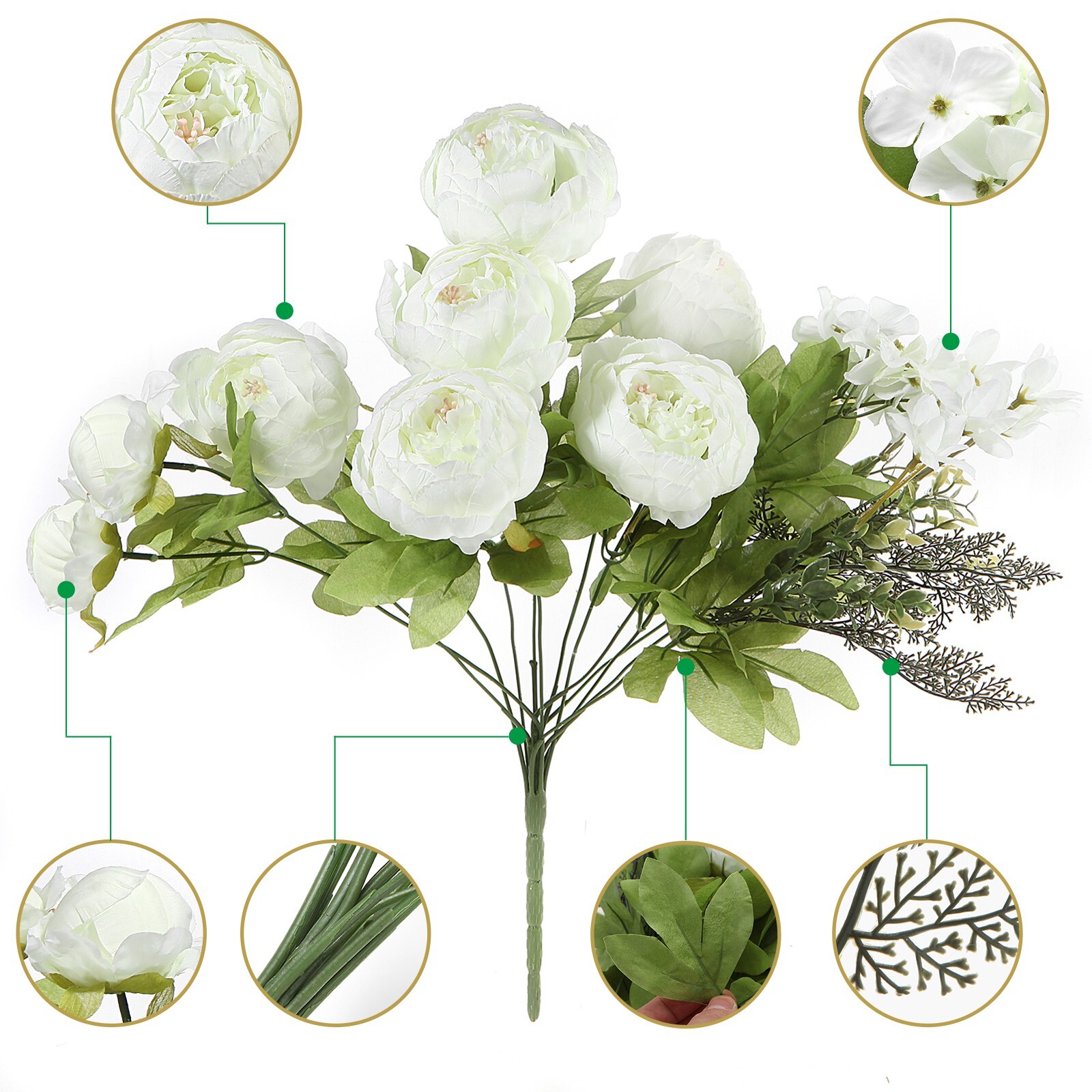 EZFLOWERY Artificial Peony Silk Flowers Arrangement Bouquet for Wedding – White