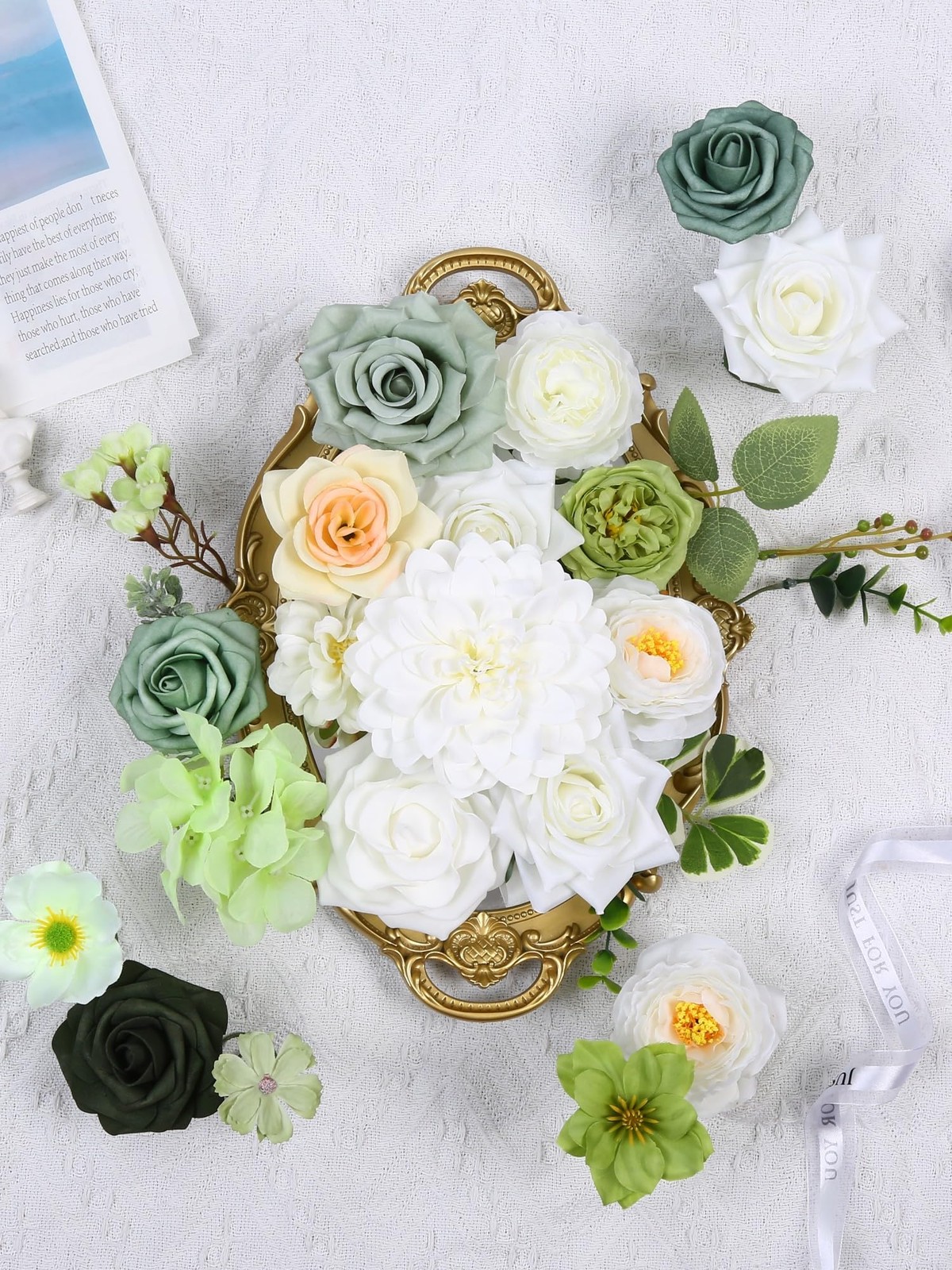 White & Green Artificial Flowers Combo Box Silk Fake Flower for DIY Wedding B…