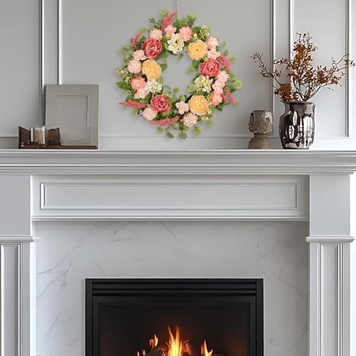 22 Inch Spring Summer Wreath for Front Door, Realistic Silk Peony & Hydrangea