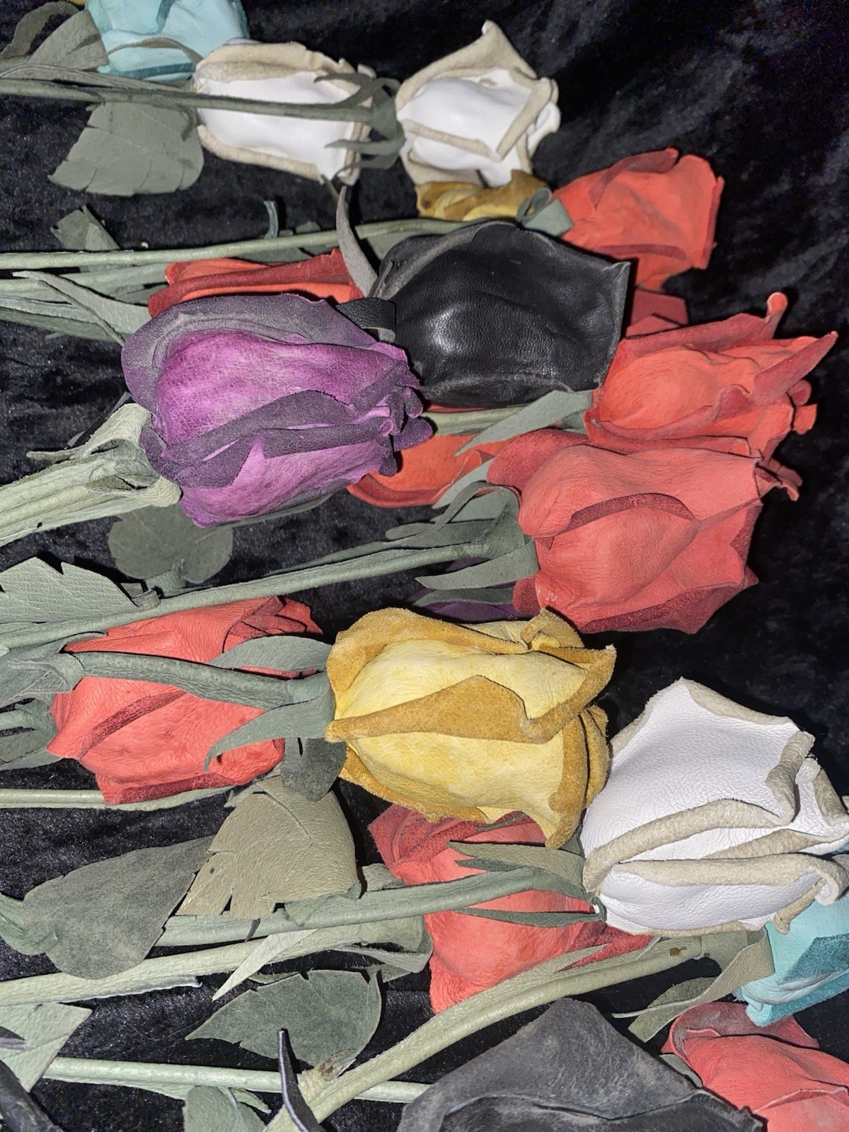 Vintage Handcrafted artificial leather roses in assorted colors with green stems