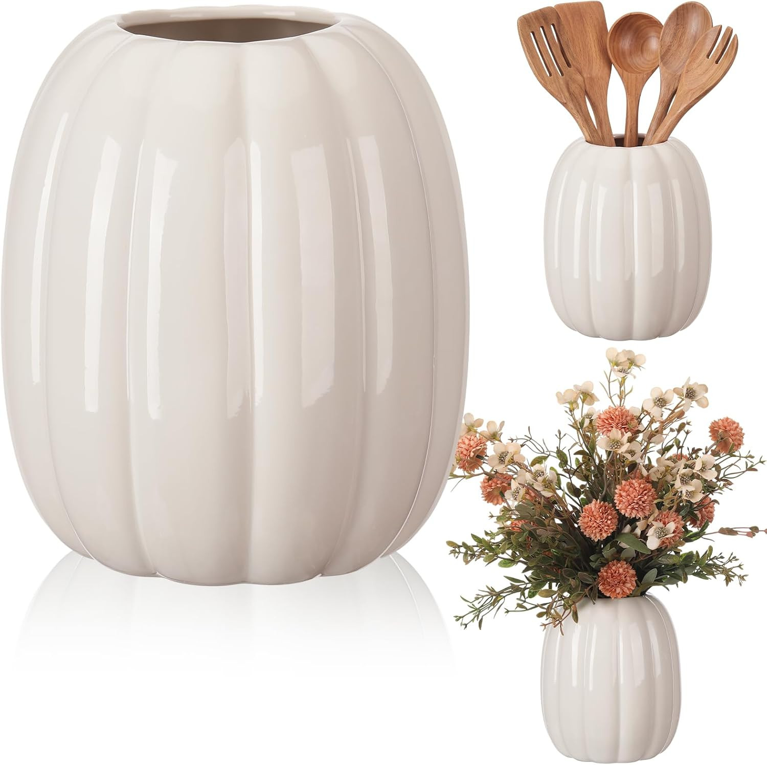 Beeveer 6.7 Inch Ceramic Pumpkin Vase Large Artificial Fake White Pumpkin Flower