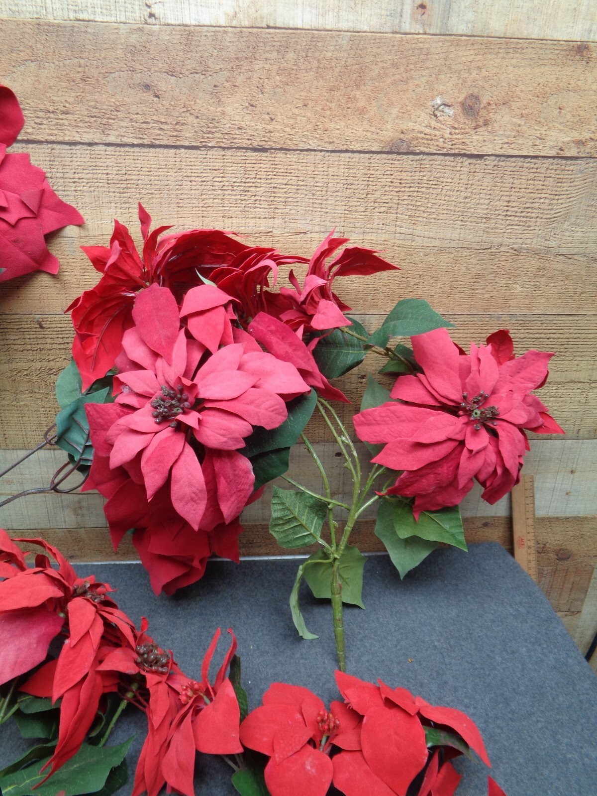 4 – Vintage Flocked Red Poinsettias 14″ & 18″ Artificial Christmas Stems