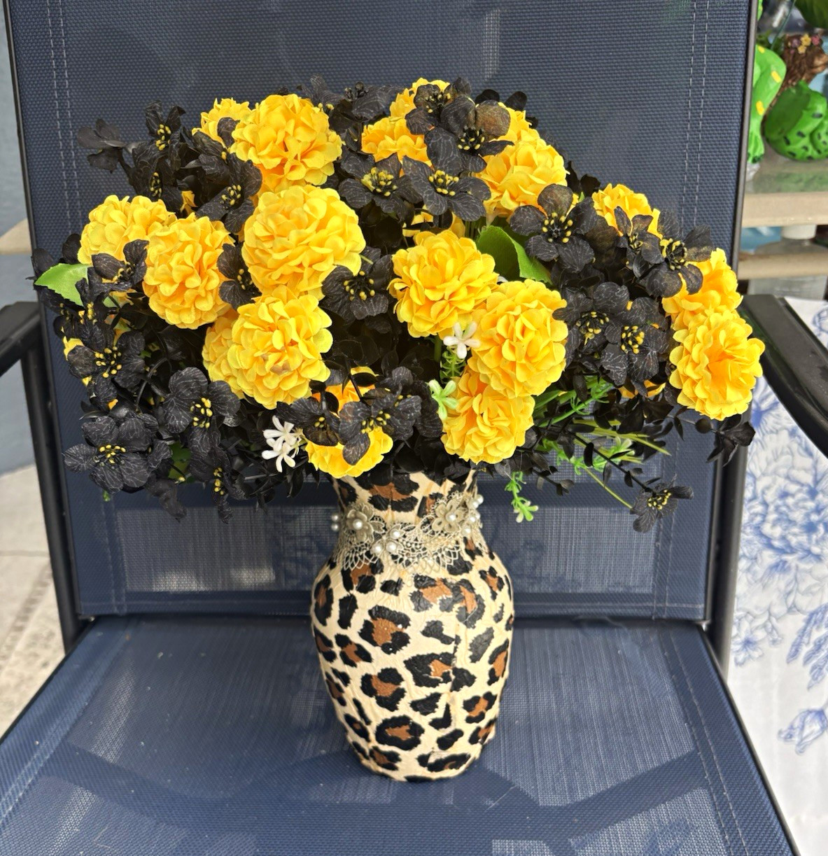 Yellow & Black Artificial Marigold Flower Arrangement in Leopard Print Vase