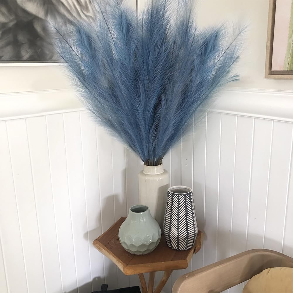 5 PCS 30″ Faux Dark Blue Pampas Grass Decor Tall Fluffy Floral Vase Filler
