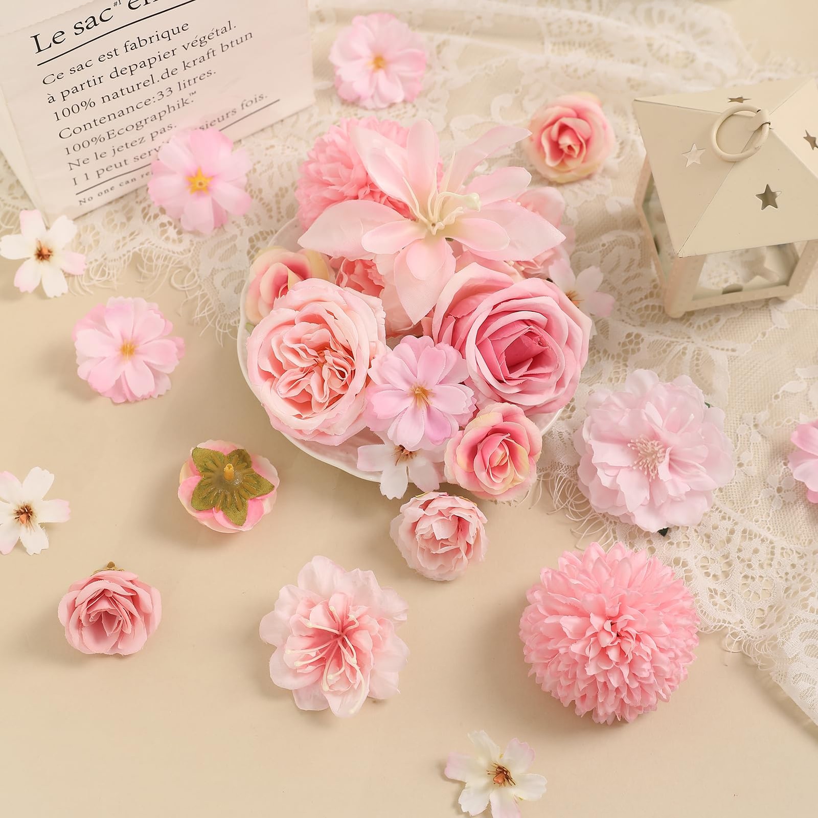 48 Pack Pink Fake Silk Artificial Roses Peonies Daisies Mini Floral Heads
