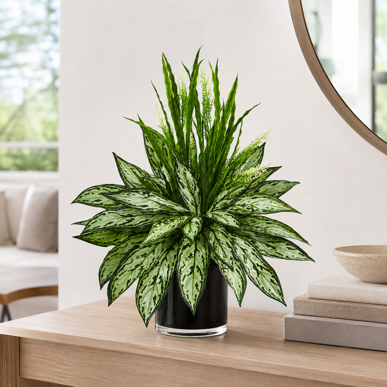 20″ Silver Queen and Grass Artificial Plant in Black Vase