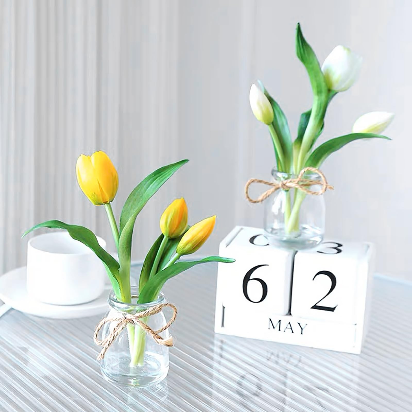 Tulips Artificial Flowers with Vase, Yellow Real Touch Tulips with Faux Water…