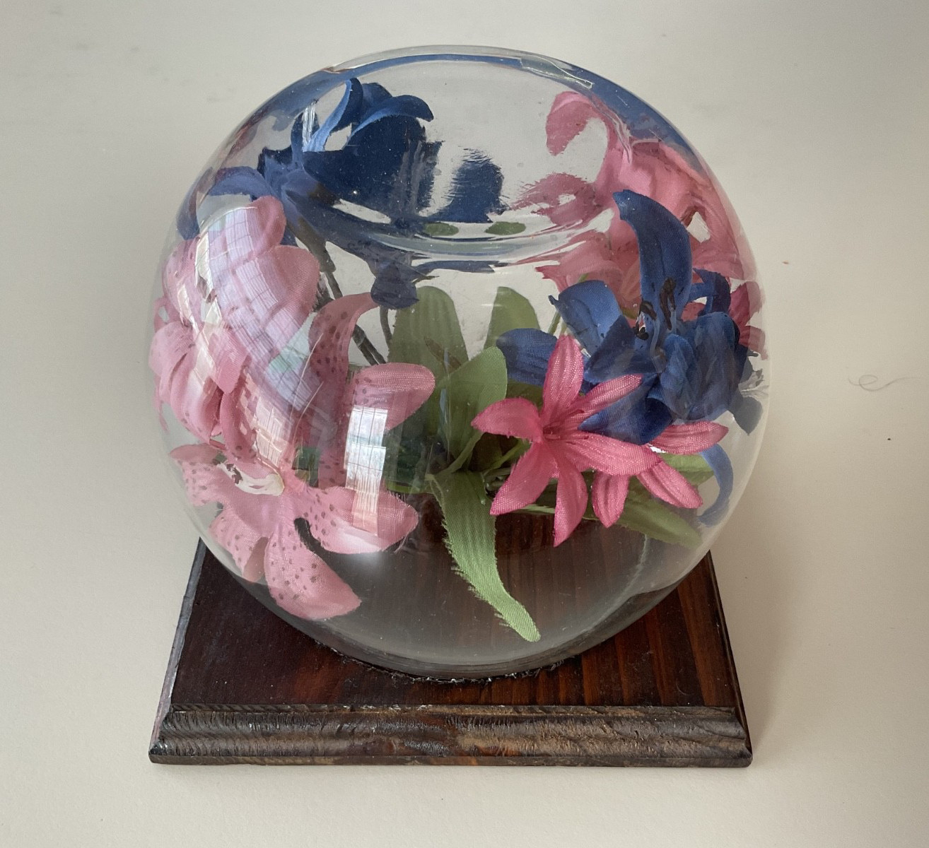 Faux Flowers Clear Dome Cover Wood Base Centerpiece Decor Blue/Pink Floral