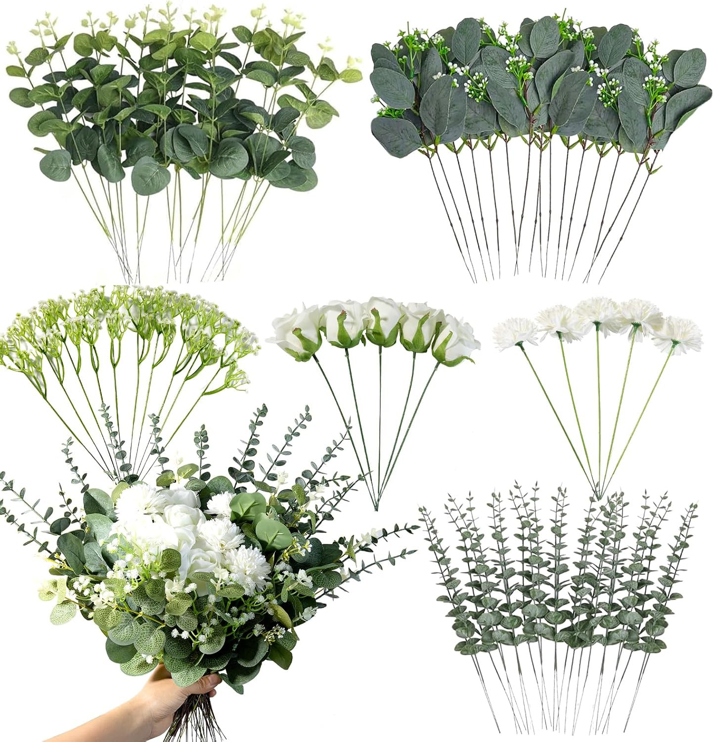 110 Pcs 7 Kinds Mixed Artificial Eucalyptus Stems, Fake Greenery Stems Silver Do