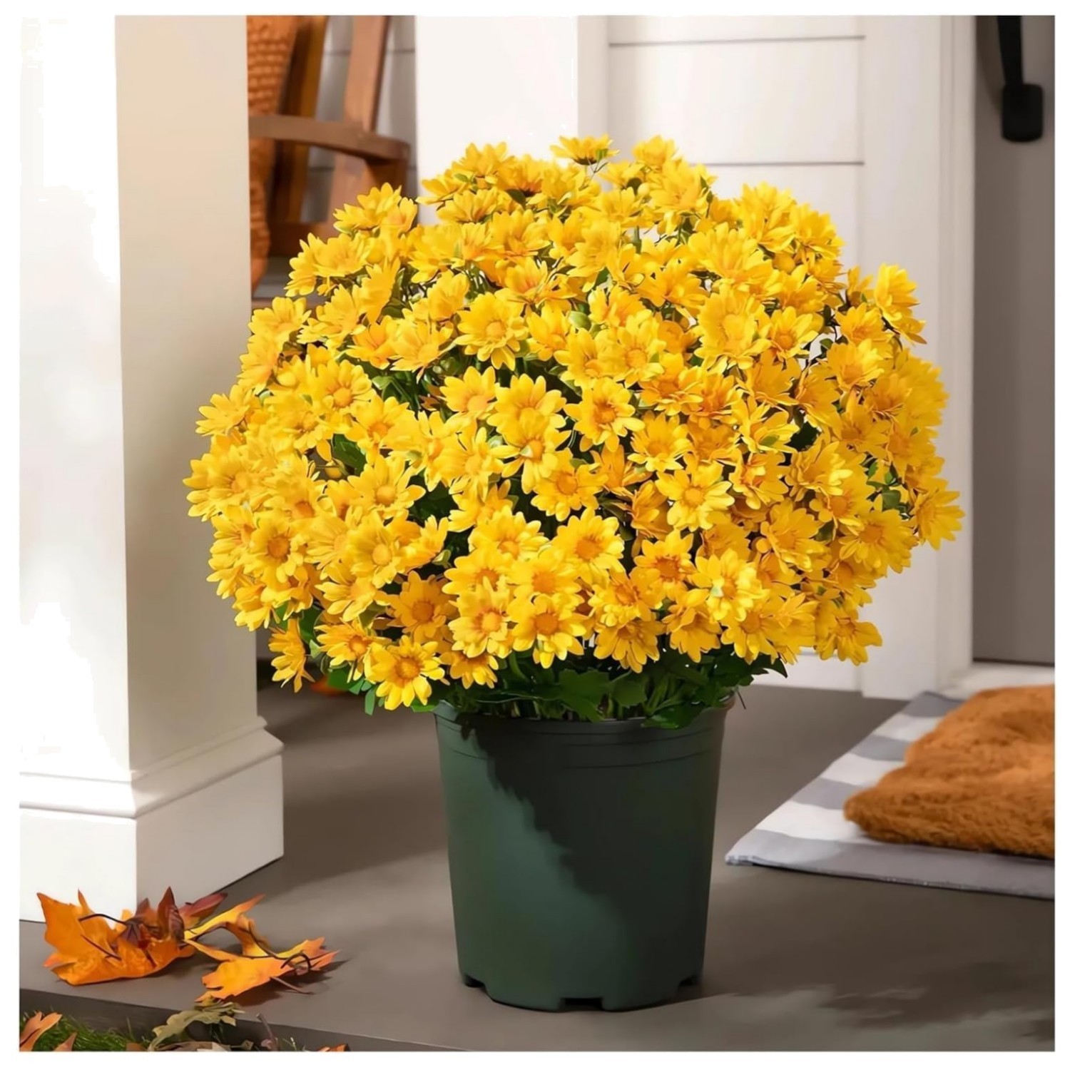 Durable Outdoor Decor – 5PCS Waterproof Yellow Mums with Eucalyptus Leaves