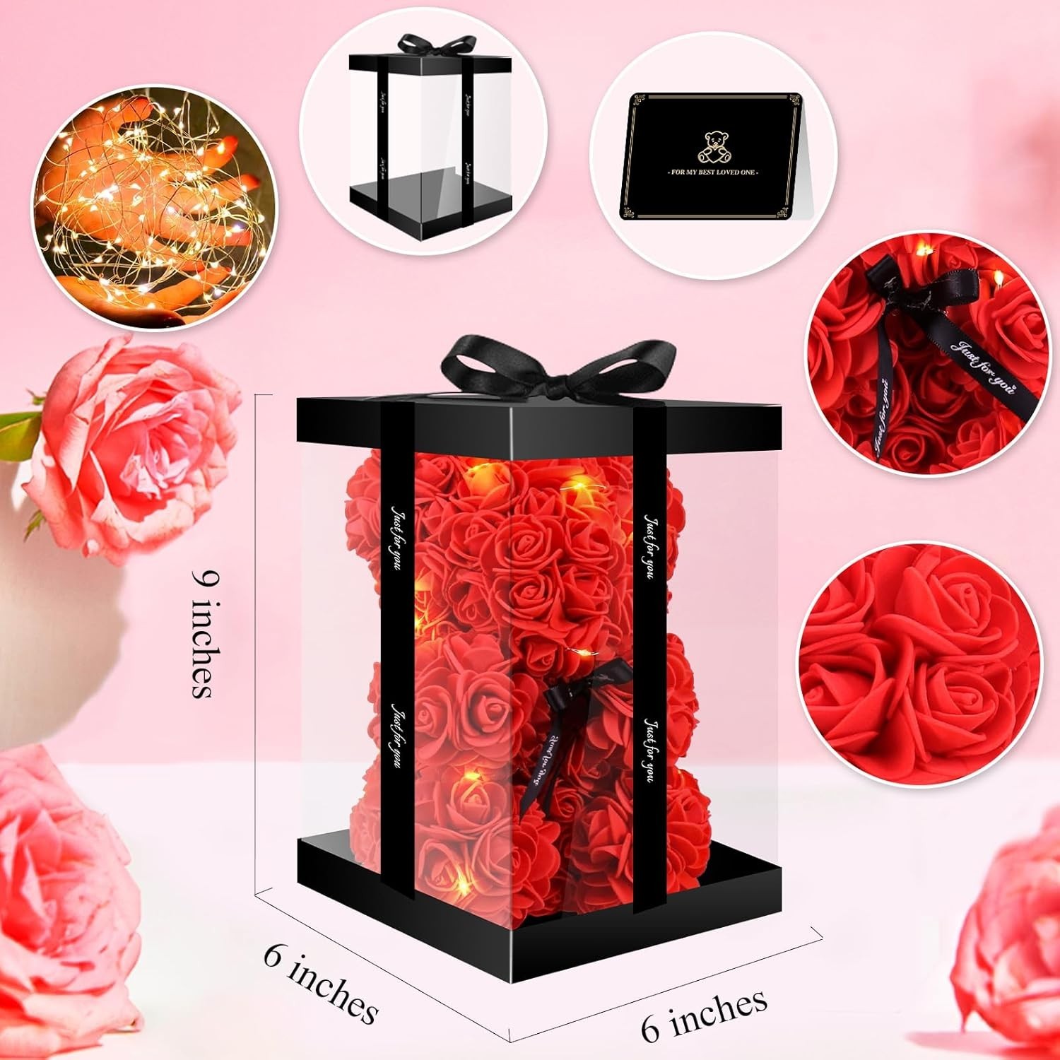 Otlonpe Bear Rose Valentines Day Gifts for Her, 9 inch Flower Bear with Led L…