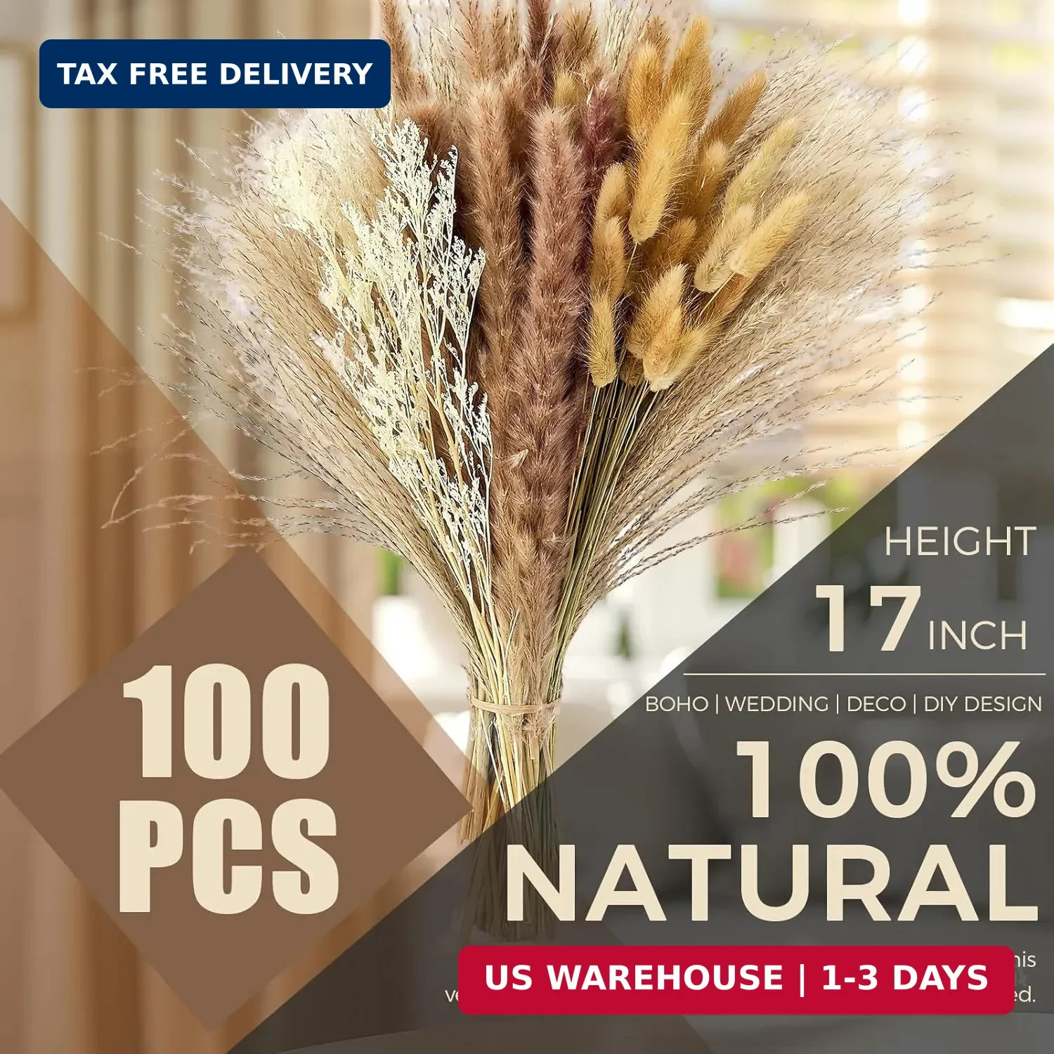 100 Pcs Pampas Grass Boho Decor, 17″ Dried Flowers Bouquet for Vase, Crafts, Boh
