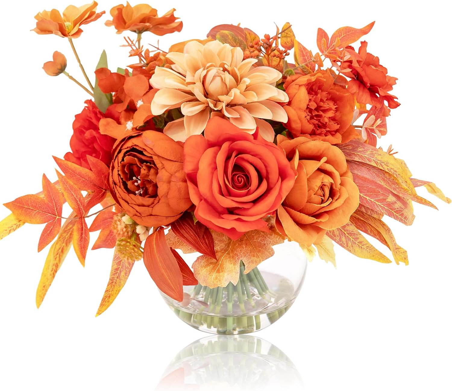 Silk Flower Bouquet in Vase – Orange Peony & Dahlia Centerpiece Decor