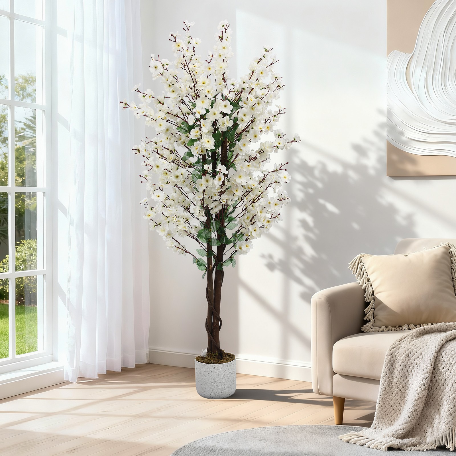 5FT Artificial Wintersweet Tree w/White Flowers Faux Blooming Tree in Pot Decor