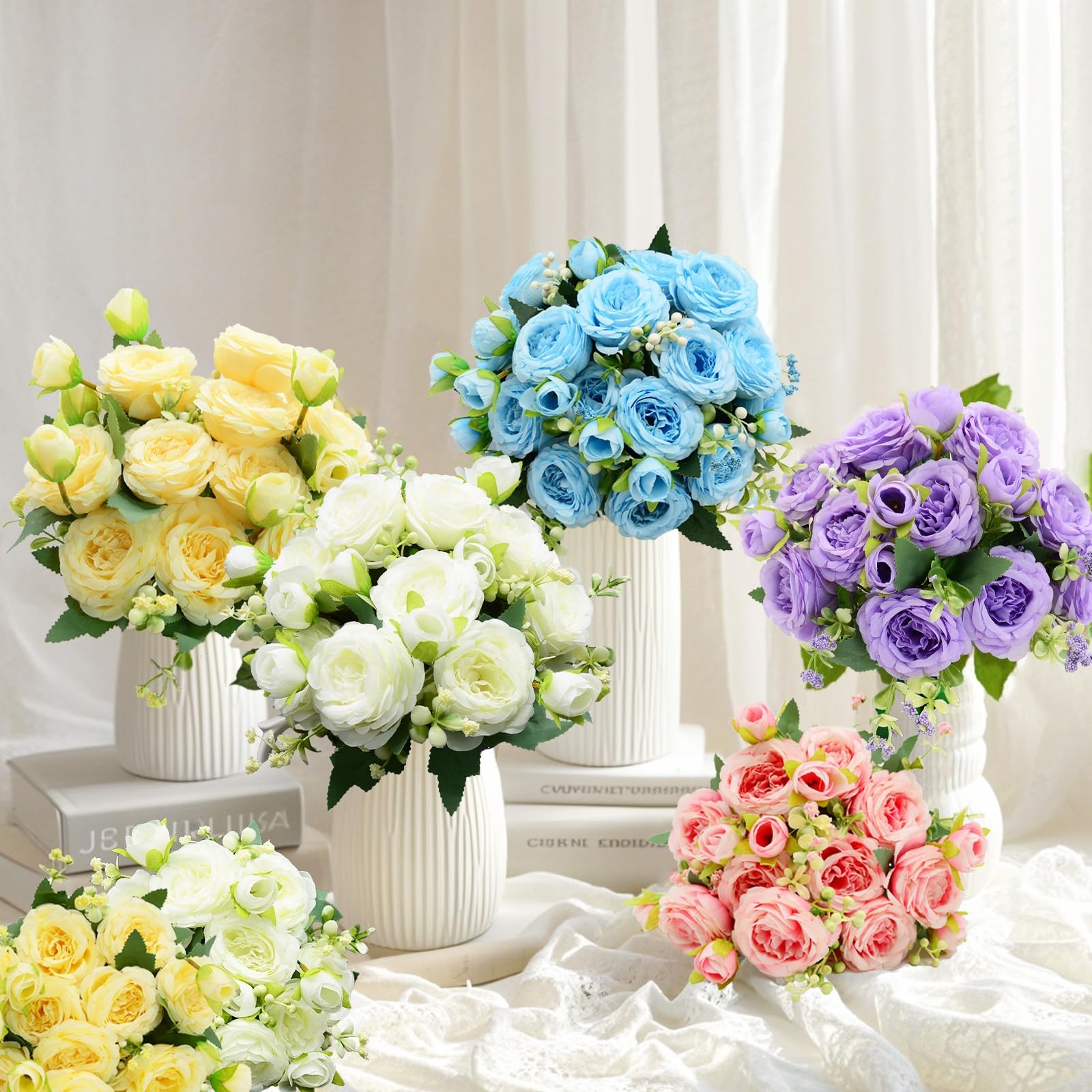 2 PCS Artificial Flowers Bouquet 10 PCS Austin Rose Heads White Peonies