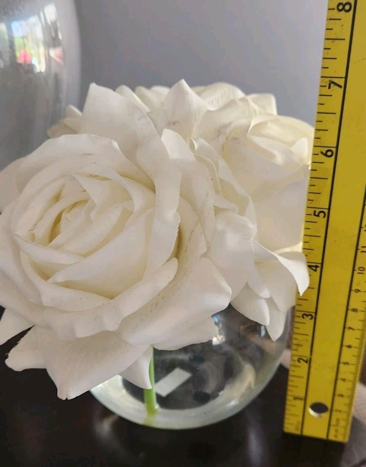 Artificial White Rose Faux Flower Arrangement in small round clear vase