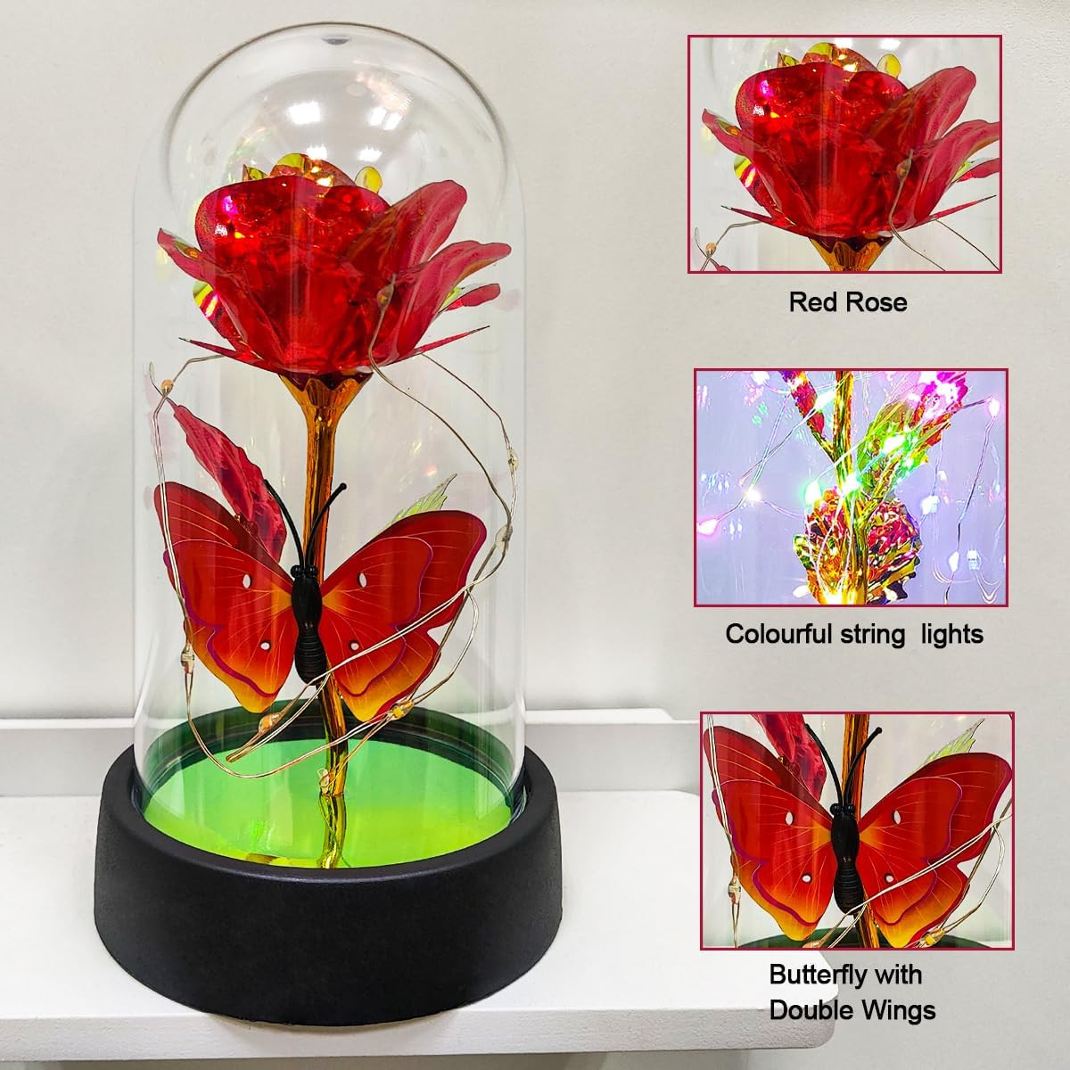 Glass Rose in Glass Dome, Light up Flower, Eternal Roses Christmas Birthday Gift