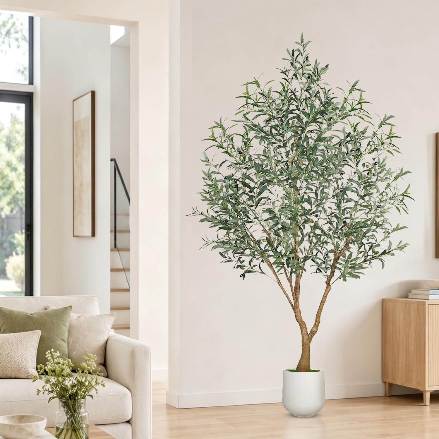 Olive Trees Artificial Indoor, 7FT Tall Faux Olive Tree with White Tall Planter,