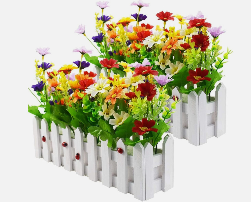 NEW Lot of 4 XONOR Artificial Flower Plants – Picket Fence Pot for Inside Plants
