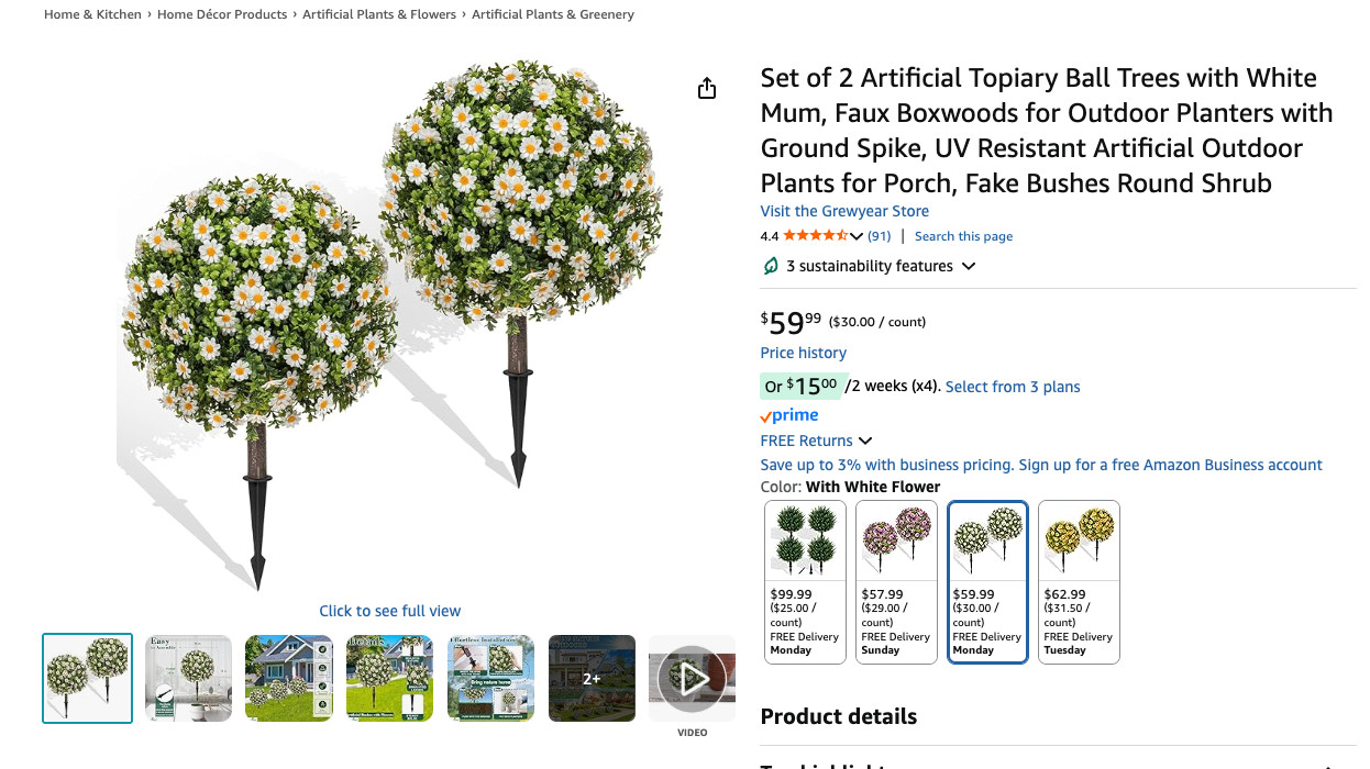 Fall Artificial Topiary Ball with Spike Set of 2, Faux Boxwoods White