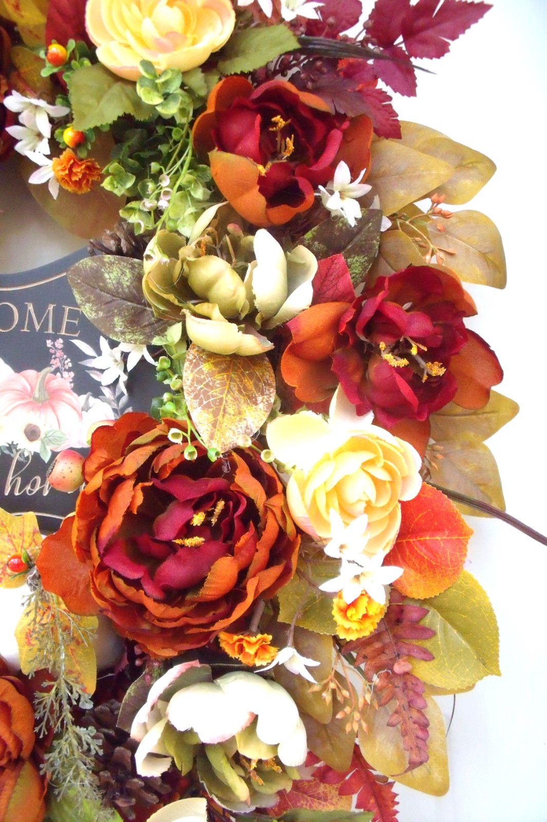 Fall Door Wreath, Thanksgiving Autumn Peony Pumpkin Wreath, Sage Orange Rust