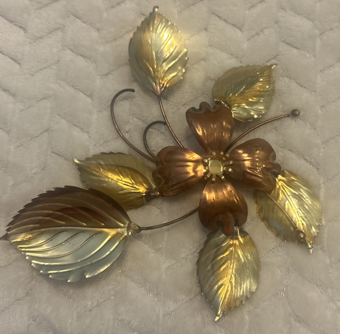 3 Gold Tone Brass & Copper Flower Roses Leaf Metal Wall Hanging Decor Set