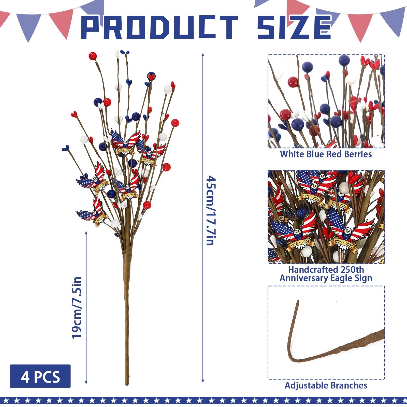 4 Pcs 250th Anniversary 4th of July Decorations Table Centerpieces, 17.7in Pa…